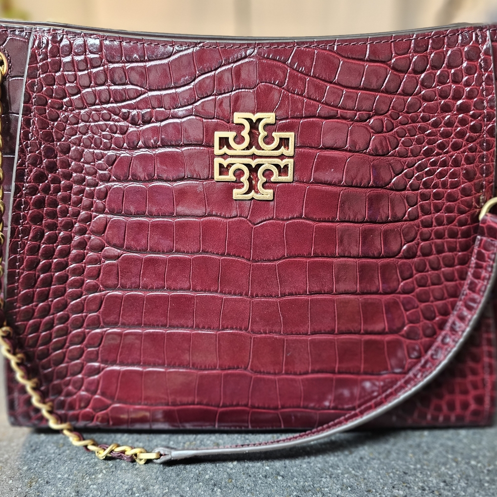 Tory Burch Burgundy Croc-Embossed Shoulder Bag